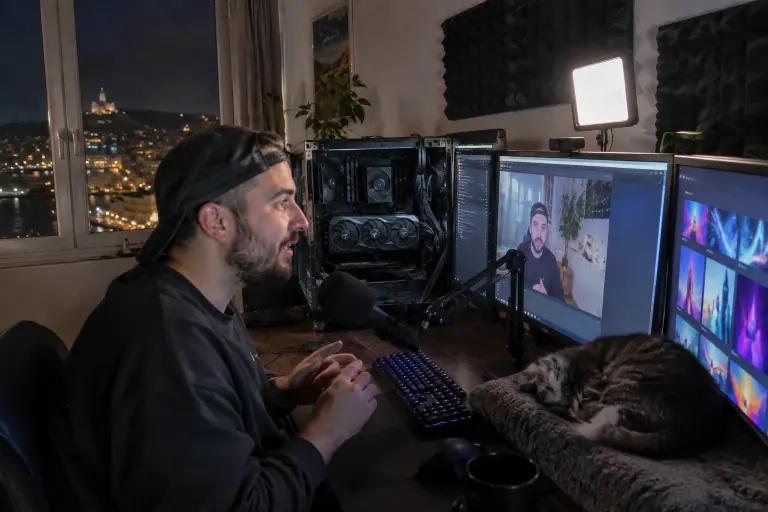 Un streameur parle dans son micro face à sa webcam, la nuit, dans un coin studio d’un appartement marseillais, un chat endormi près du clavier
