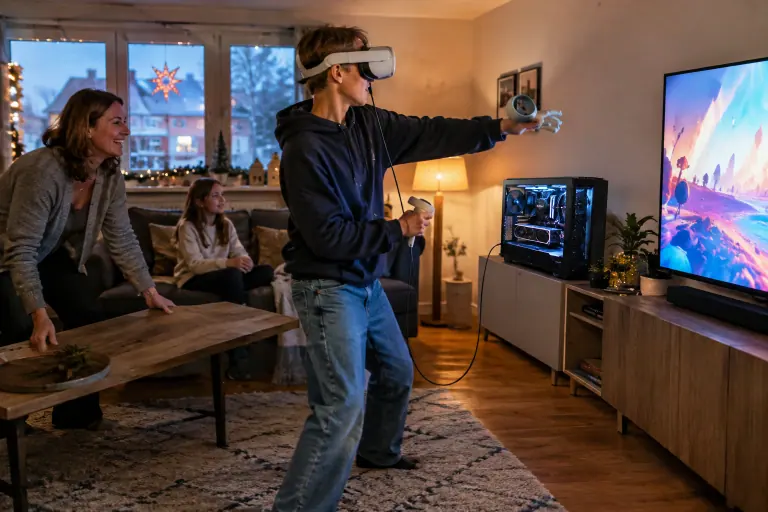 Un adolescent joue en réalité virtuelle, casque relié au PC par un câble, pendant que sa mère pousse la table basse en riant dans un salon de Strasbourg