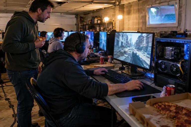 Lors d’une LAN entre amis dans un garage près de Lyon, un joueur casqué fixe son écran pendant qu’un ami, une part de pizza en main, regarde la partie