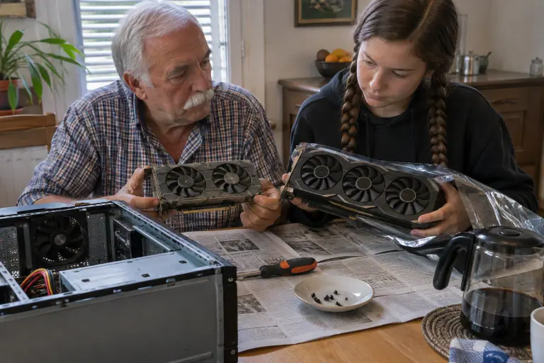 Dans une cuisine, un grand-père compare une ancienne carte graphique compacte à deux ventilateurs avec la grande carte neuve que tient sa petite-fille