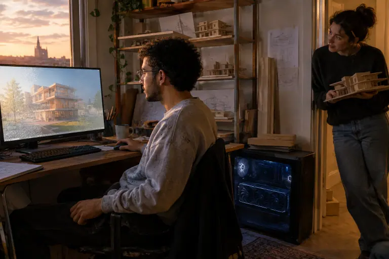 À Nancy, un étudiant en architecture regarde le rendu 3D d’un bâtiment se calculer sur son écran, son PC à carte graphique triple ventilateur à ses pieds
