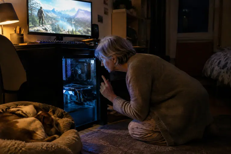 La nuit, une femme approche son oreille de la paroi vitrée de sa tour PC pour repérer d’où vient un sifflement électrique