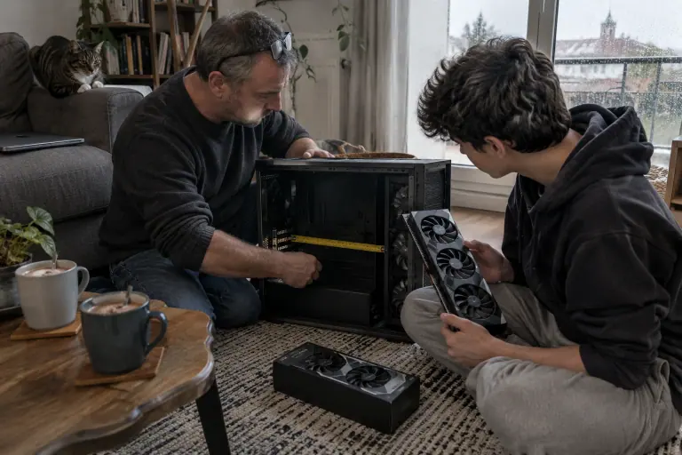 Un père et son fils adolescent mesurent l’intérieur d’un vieux boîtier PC ouvert pour vérifier qu’une grande carte graphique à trois ventilateurs y rentrera