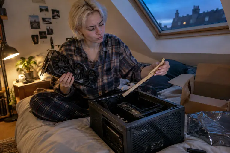 Dans un studio sous les toits, une jeune femme mesure au mètre pliant si une longue carte graphique à trois ventilateurs entrera dans son petit boîtier