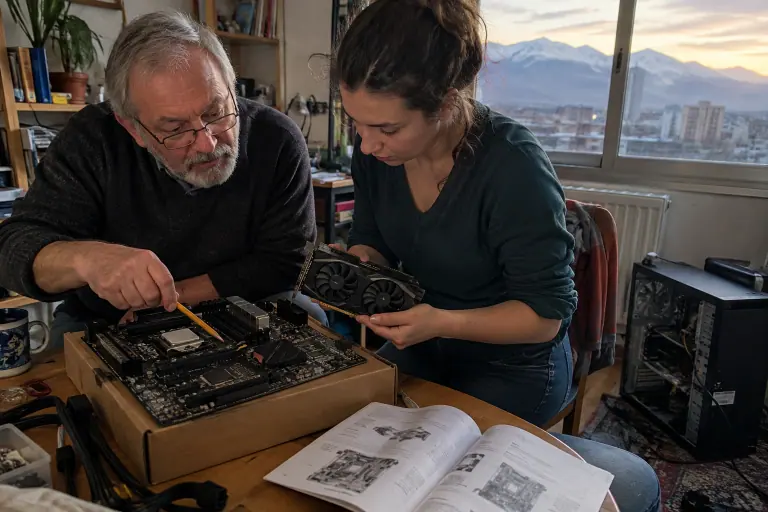 Un retraité montre du crayon le slot PCIe x16 d’une carte mère posée sur sa boîte pendant que sa petite-fille tient une carte graphique compacte à côté