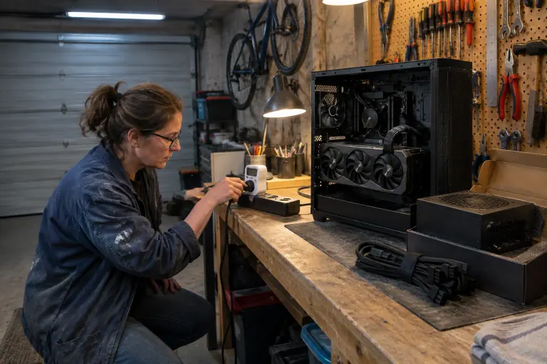 Dans un atelier près de Valence, une femme branche un PC sur un wattmètre de prise pour mesurer sa consommation, une alimentation neuve posée sur l’établi