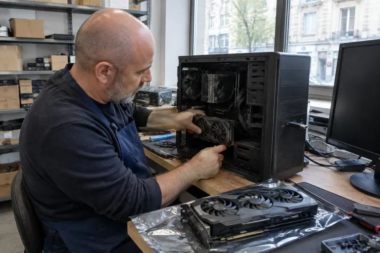 Dans un atelier de réparation à Bordeaux, un technicien retire une ancienne carte graphique en pressant le verrou du slot, la nouvelle posée à côté
