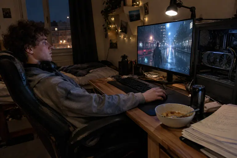 La nuit dans une chambre d’étudiant, un jeune homme observe une scène de jeu urbaine sous la pluie, près d’un PC à carte graphique double ventilateur