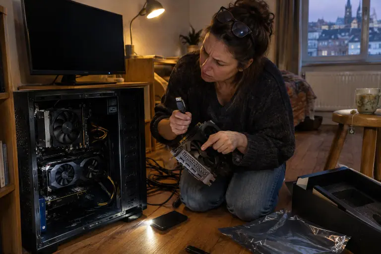 Le soir, une femme à genoux devant un PC ouvert vérifie le câble DisplayPort branché à l’arrière de sa carte graphique, l’écran restant noir