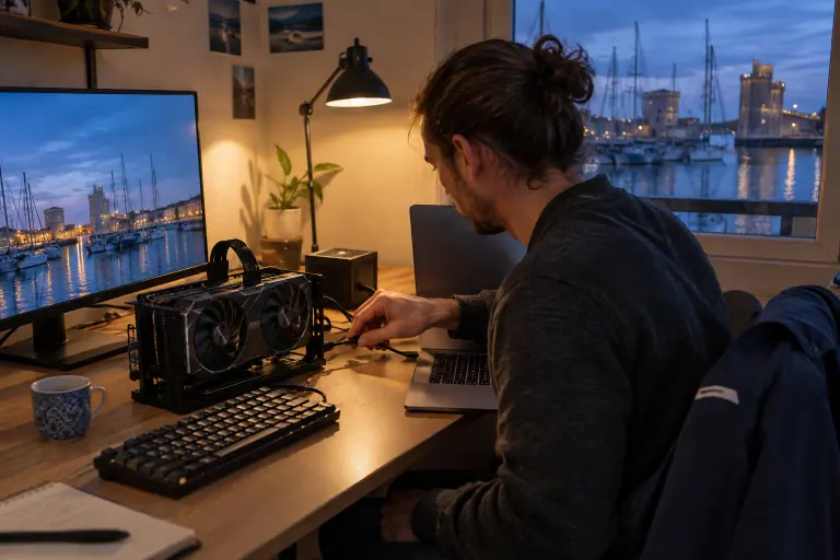 Un homme relie son ordinateur portable à un dock eGPU ouvert portant une carte graphique à deux ventilateurs, branchée à un écran