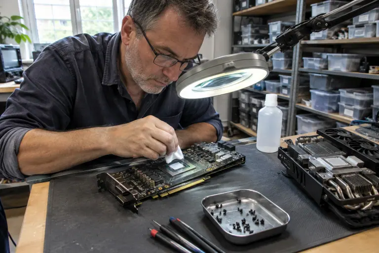 Sous une loupe éclairante, un technicien nettoie l’ancienne pâte thermique sur la puce nue d’une carte graphique dont le radiateur a été retiré