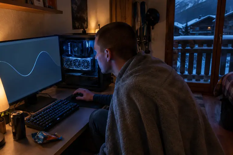 Tard le soir à Chambéry, un jeune homme étudie la courbe de fréquence de sa carte graphique sur son écran, son PC vitré posé sur le bureau