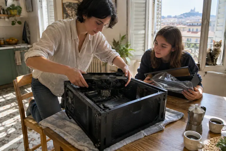 Dans une cuisine ensoleillée de Marseille, une femme installe une grande carte graphique à trois ventilateurs dans un boîtier couché sur une serviette