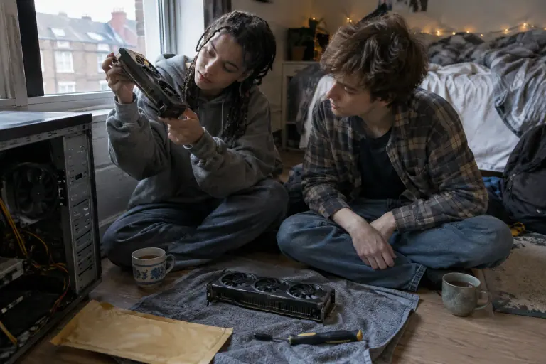 Deux étudiants assis par terre comparent une carte graphique compacte à deux ventilateurs et une plus longue, à côté d’un vieux PC ouvert