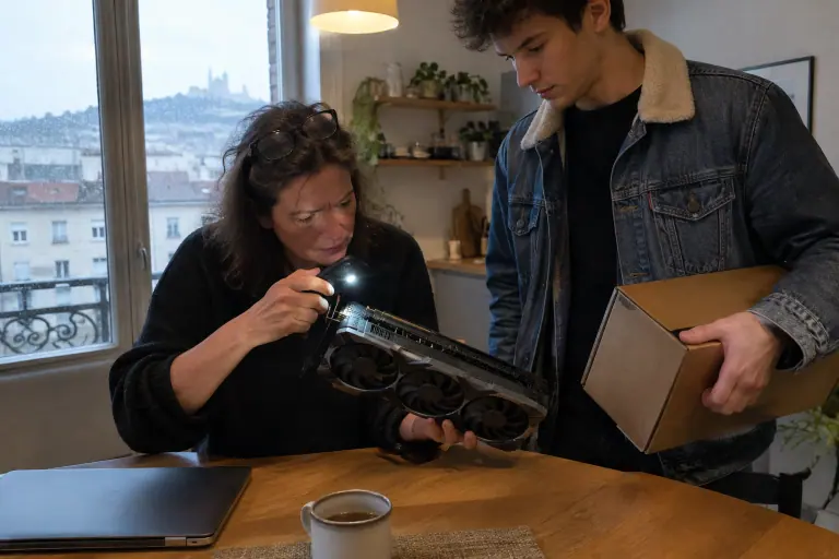 Une acheteuse inspecte à la lampe de son téléphone le connecteur 16 broches d’une grande carte graphique d’occasion, le vendeur tient la boîte