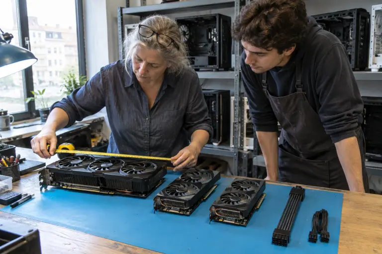 Dans un atelier de montage PC, une technicienne mesure au mètre ruban trois cartes graphiques de tailles différentes posées sur un tapis antistatique