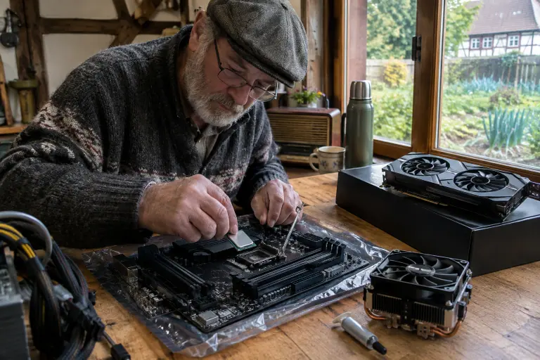 Dans un atelier en Alsace, un homme d’une soixantaine d’années installe un processeur sur une carte mère, une carte graphique à deux ventilateurs posée à côté