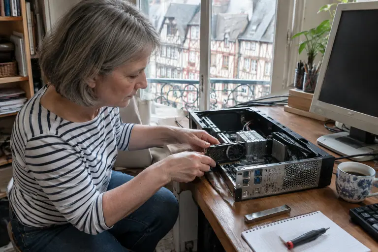 Une femme installe une petite carte graphique low profile à un ventilateur dans un PC de bureau compact posé ouvert sur son bureau
