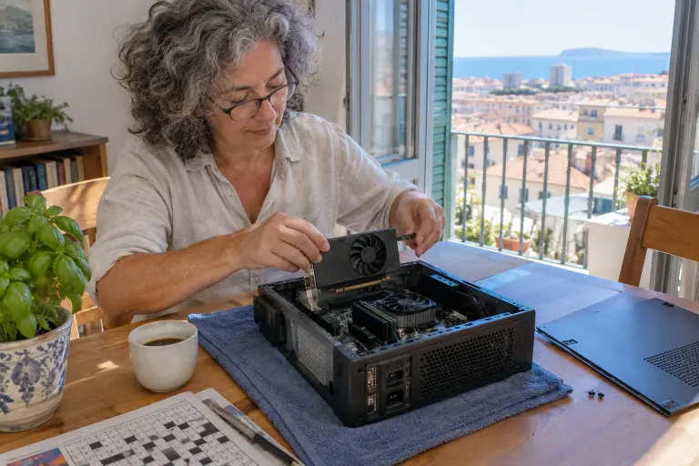 À Marseille, une femme installe une petite carte graphique demi-hauteur à un ventilateur dans un PC de bureau fin, posé ouvert sur sa table