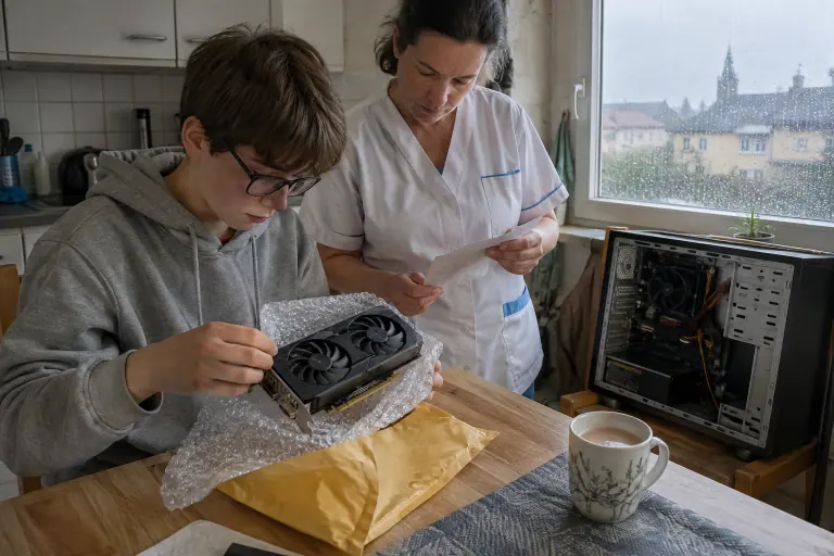 Un adolescent déballe une carte graphique d’occasion de son papier bulle dans la cuisine, sa mère lit le mot du vendeur à côté de lui
