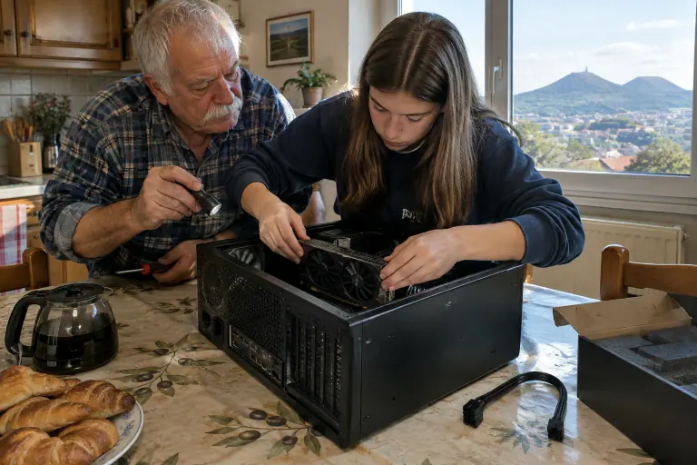 Un grand-père et sa petite-fille installent une carte graphique compacte dans une vieille tour de bureau posée sur la table de la cuisine