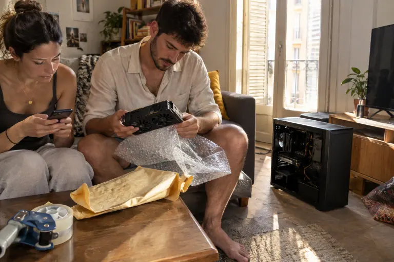 Dans un appartement à Montpellier, un jeune homme déballe d’une enveloppe une carte graphique d’occasion à deux ventilateurs et inspecte sa prise 8 broches