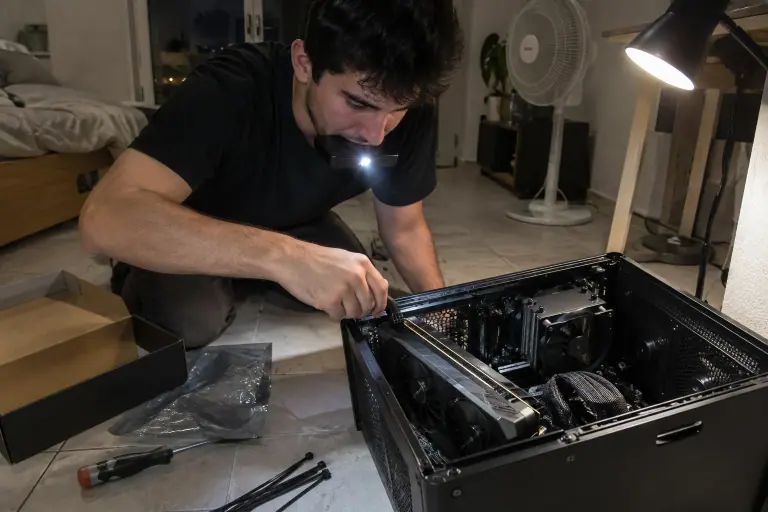 De nuit, un jeune homme agenouillé près d’un boîtier PC ouvert branche le câble d’alimentation 8 broches sur une carte graphique à deux ventilateurs