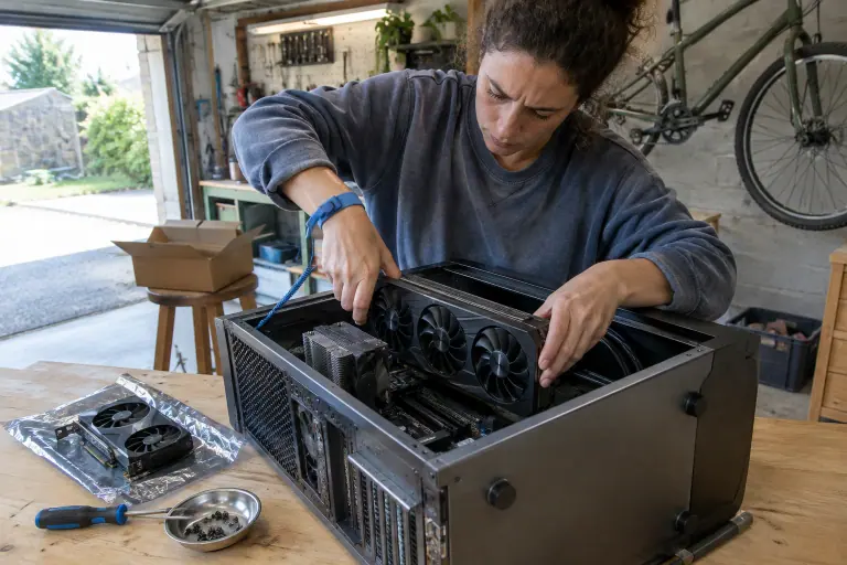 Dans un garage aménagé, une femme reliée au boîtier par un bracelet antistatique enfonce une grande carte graphique dans le slot PCIe de la carte mère