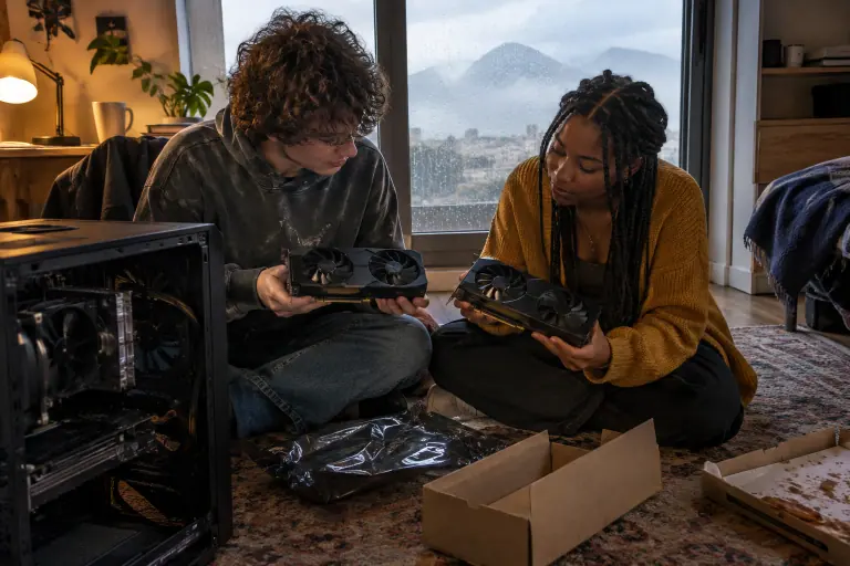 Deux amis assis sur un tapis comparent la longueur de deux cartes graphiques à deux ventilateurs à côté d’un PC ouvert, un après-midi de pluie