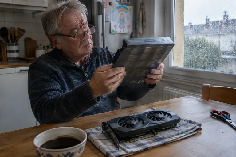 À Rennes, un homme à lunettes examine l’arrière de la boîte d’une carte graphique, la carte à deux ventilateurs posée sur la table de sa cuisine