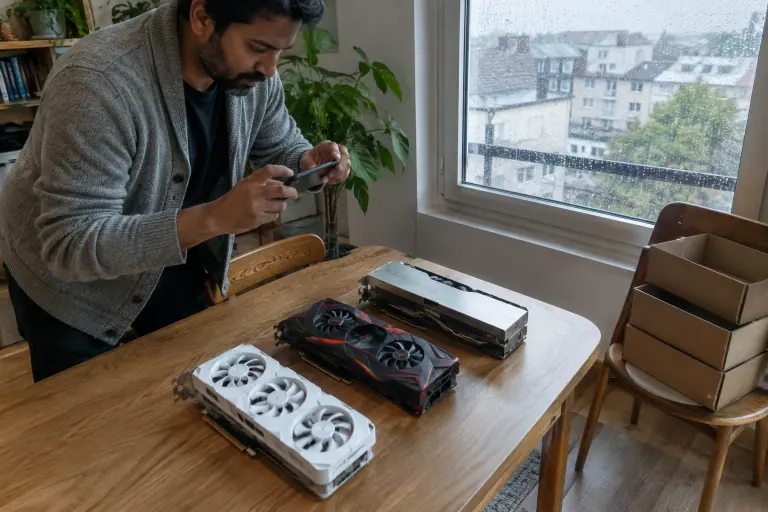 Sur une table en bois, un homme photographie trois cartes graphiques aux designs différents : une blanche, une noire à accents rouges et une argentée