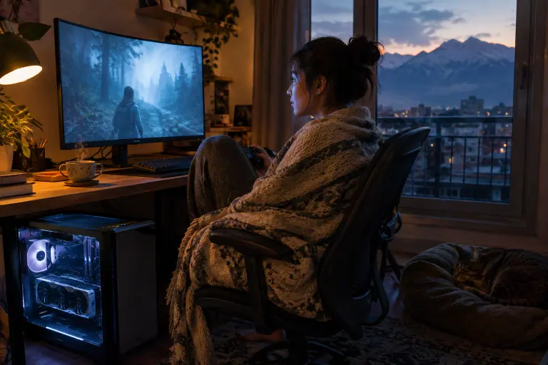Un soir à Grenoble, une jeune femme enroulée dans un plaid joue sur un écran 27 pouces, son PC vitré à grande carte graphique posé près du bureau