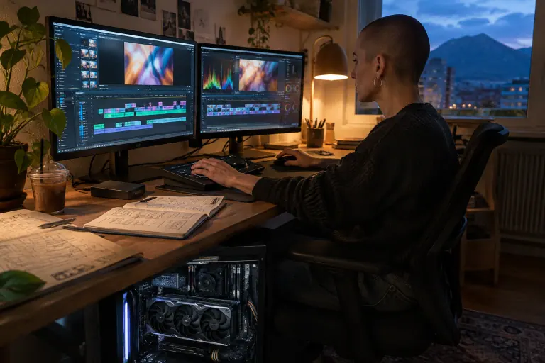À Grenoble, une monteuse vidéo travaille sur deux écrans à la tombée de la nuit, avec sous son bureau un PC doté d’une grande carte graphique