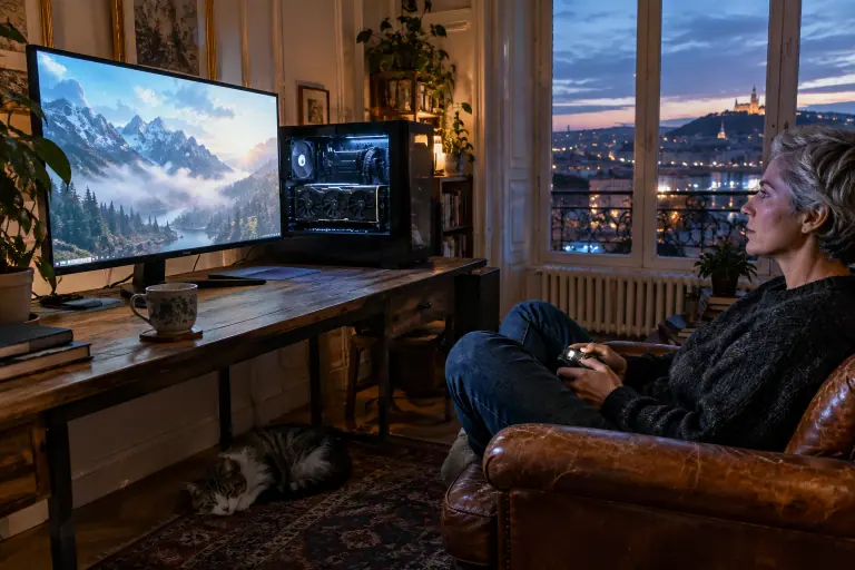 Dans un appartement lyonnais, une femme joue à la manette sur un grand écran 4K, à côté d’un PC vitré équipé d’une longue carte graphique