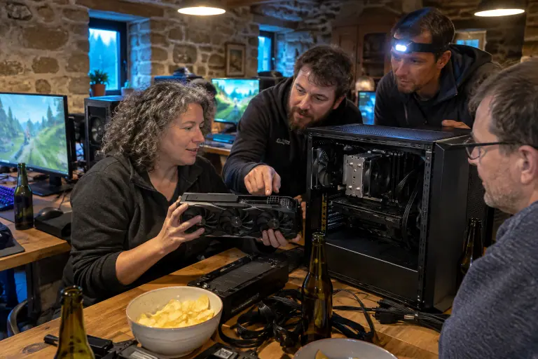 Lors d’une soirée entre amis dans une longère bretonne, une femme tient une grande carte graphique à trois ventilateurs près d’un boîtier PC ouvert