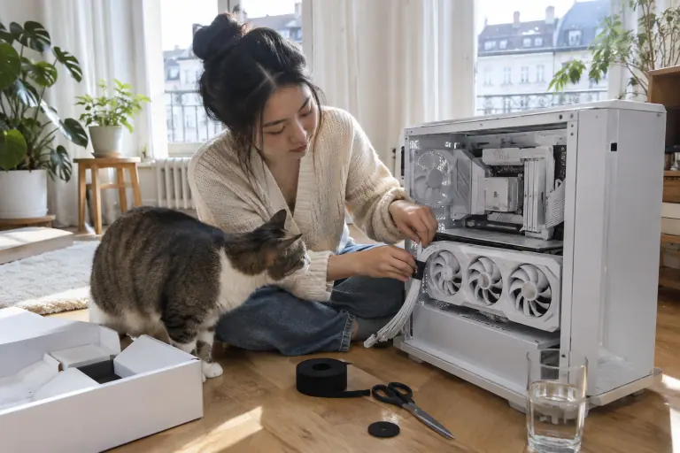 Dans un appartement clair de Strasbourg, une jeune femme range les câbles blancs d’un PC blanc équipé d’une carte graphique blanche