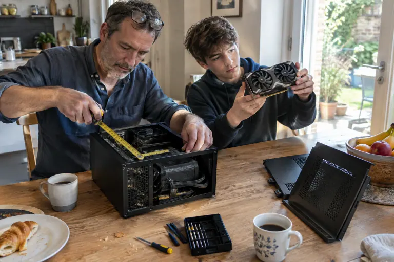 À Bordeaux, un père mesure l’intérieur d’un petit boîtier mini ITX pendant que son fils tient une carte graphique courte à deux ventilateurs