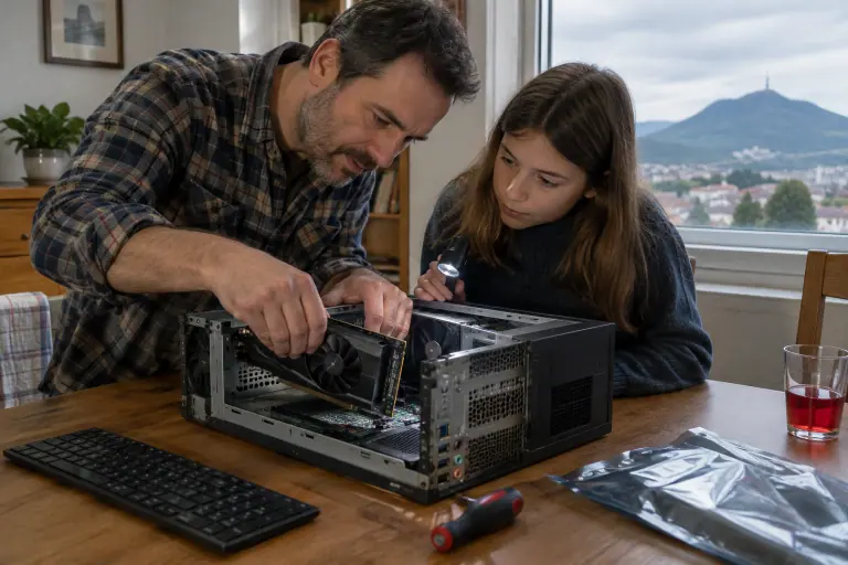 À Clermont-Ferrand, un père installe une petite carte graphique sans câble d’alimentation dans un PC de bureau, éclairé par sa fille