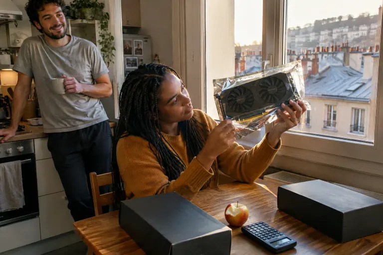 Dans une cuisine lyonnaise, une jeune femme examine une carte graphique à deux ventilateurs dans son sachet antistatique, deux boîtes posées sur la table
