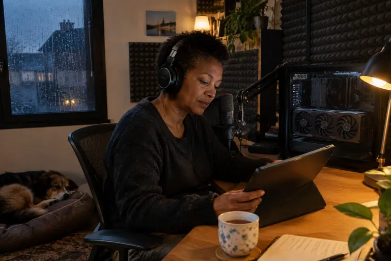 À Nantes, une femme enregistre un podcast au micro à côté d’un PC vitré dont la grande carte graphique a ses ventilateurs à l’arrêt