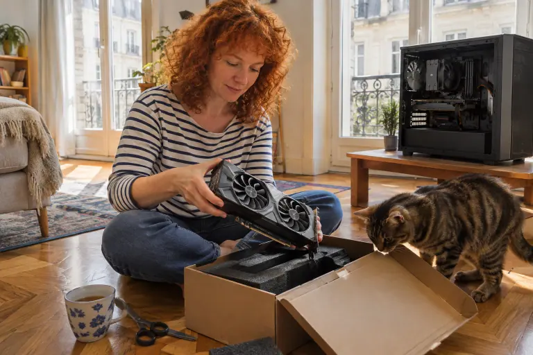Assise sur le parquet de son salon, une femme sort une carte graphique à deux ventilateurs de son emballage pendant que son chat renifle le carton