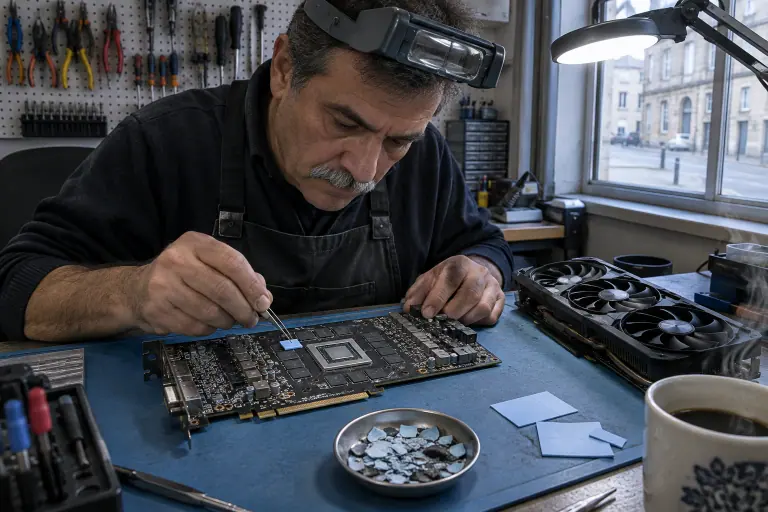 Dans un atelier de réparation à Besançon, un technicien pose un pad thermique neuf sur les puces mémoire entourant le processeur d’une carte graphique démontée
