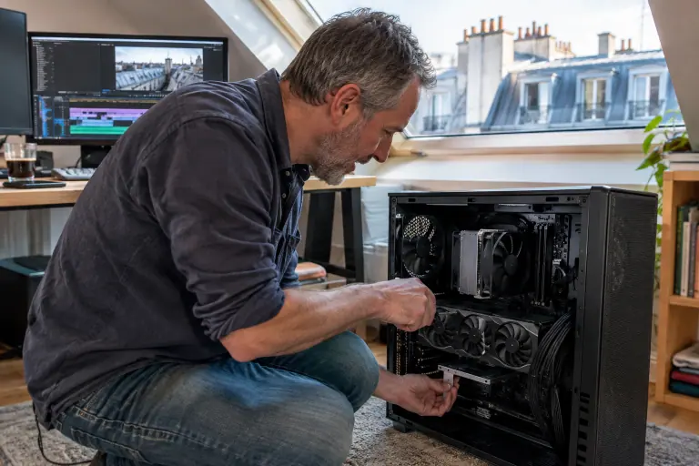 Un monteur vidéo installe une longue carte graphique à trois ventilateurs et règle son support anti-affaissement, sous les toits de Paris