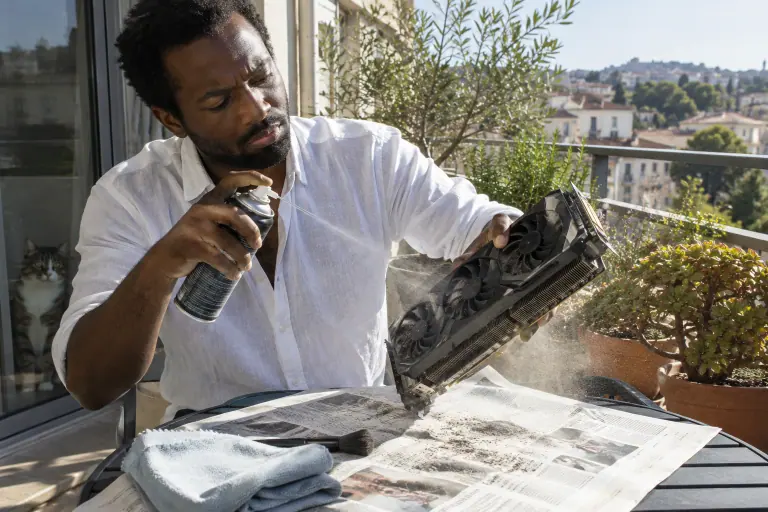 Sur un balcon ensoleillé, un homme dépoussière les ailettes d’une carte graphique à la bombe d’air sec en bloquant un ventilateur du doigt