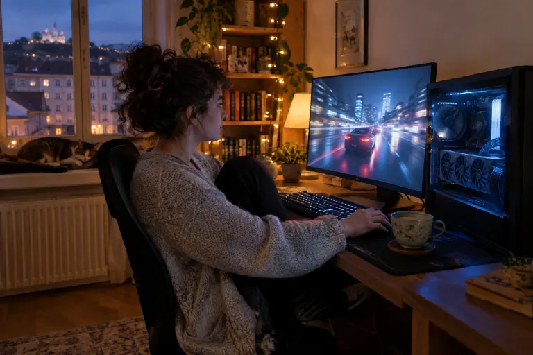 Une joueuse en gilet de laine joue le soir dans son salon, à côté d’un PC vitré équipé d’une longue carte graphique à trois ventilateurs