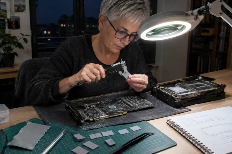 Une femme mesure un ancien pad thermique au pied à coulisse, à côté d’une carte graphique démontée et de pads neufs découpés