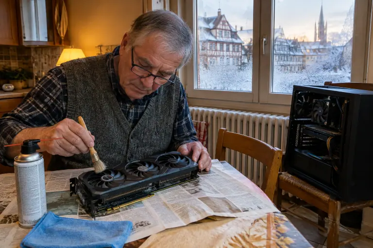 Un retraité dépoussière au pinceau une longue carte graphique à trois ventilateurs posée sur du papier journal, dans sa cuisine en hiver