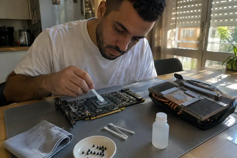 Un homme étale de la pâte thermique à la spatule sur la puce d’une carte graphique, son radiateur posé à l’envers à côté