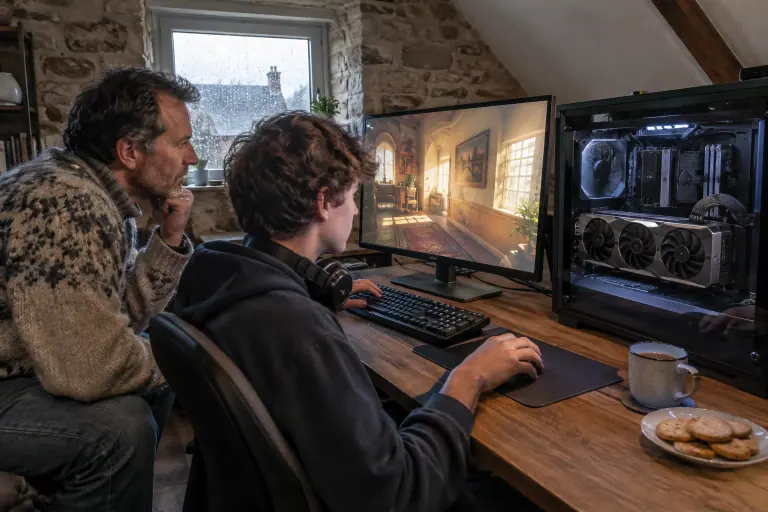 Dans une maison en granit en Bretagne, un père et son fils adolescent regardent une scène de jeu baignée de lumière naturelle sur un grand écran