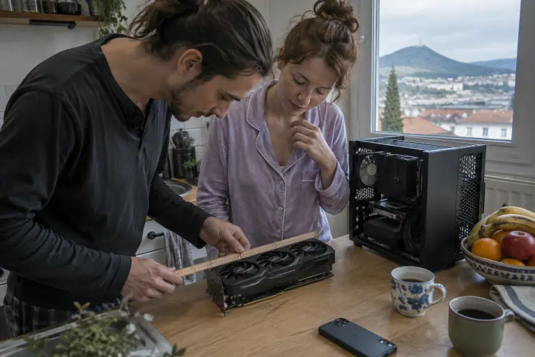 Un jeune couple mesure avec un mètre pliant une carte graphique compacte à trois ventilateurs à côté d’un petit boîtier, dans sa cuisine